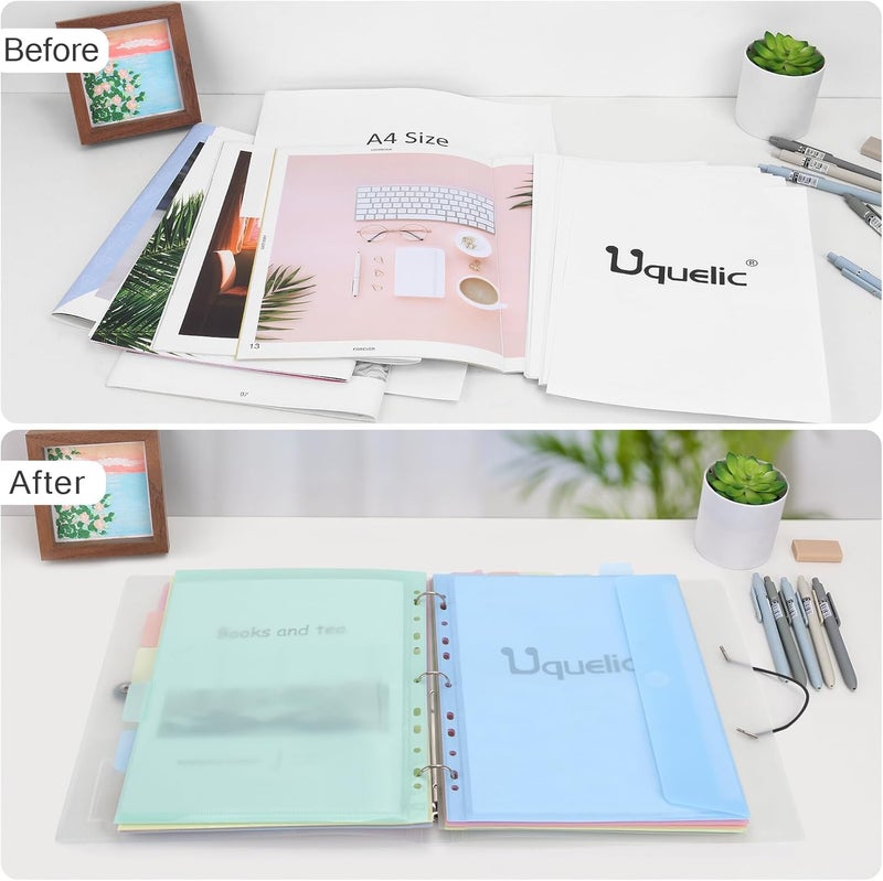 Uquelic A4 Binder, Folio Document Organizer with 12 Pockets, 3 Ring Folder Letter Size/A4, Cute Life Binder for Paper, Files, Photos, Letters, Cards(Clear-Macaron) - Image 5